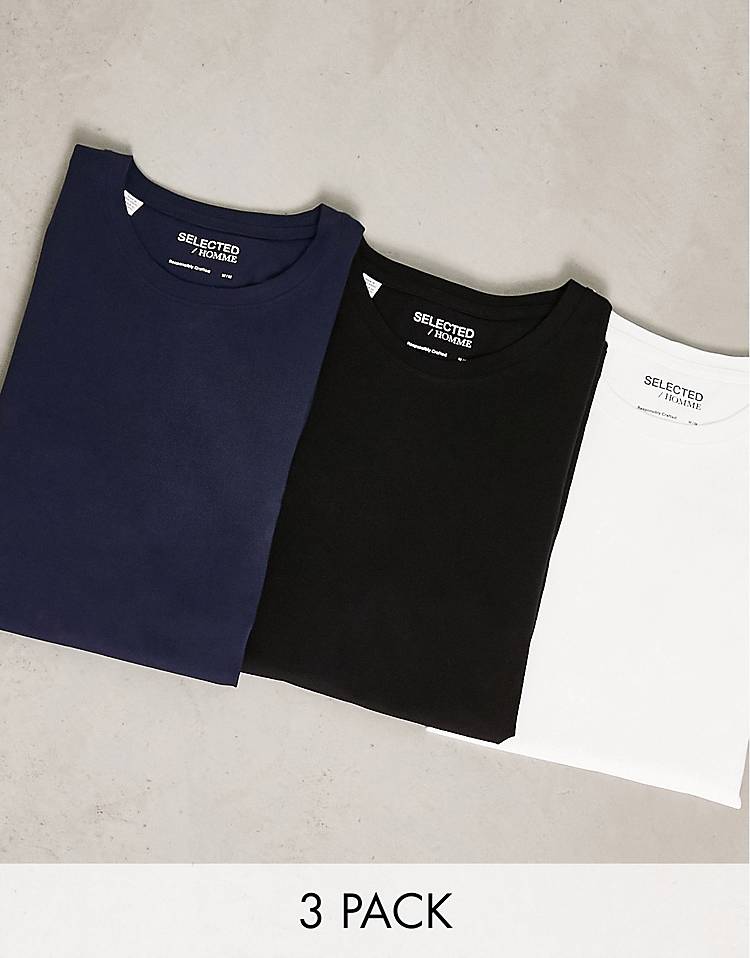Selected Homme 3 pack T-shirt in white, black and navy
